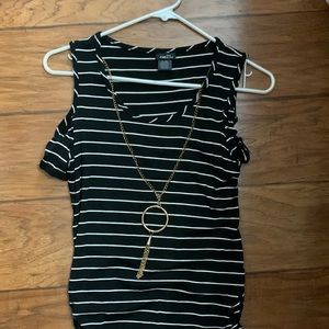 Black and White Striped Blouse - necklace included
